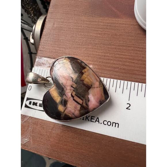 Sterling Silver Argentine Rhodozite Heart Pendant Pink Black Gray 1.5” 15g Boho - Picture 9 of 9
